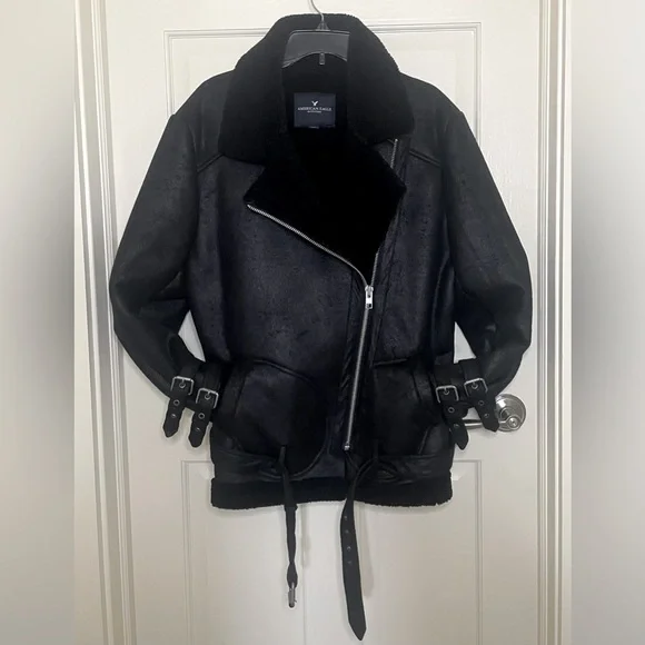 American Eagle Faux Suede Shearling Lined Distressed Moto Jacket, Bl, Sz XL - Picture 3 of 16